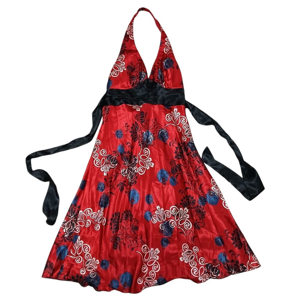 Vtg B‎ Darlin Red Black Floral Halter Dress Juniors 11/12 Fit & Flare Satin Y2K